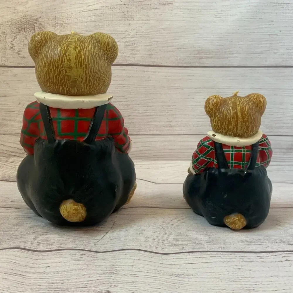Vintage Teddy Bear Candles Set of 2 Bears with Bow Tie Plaid Shirt Overalls
